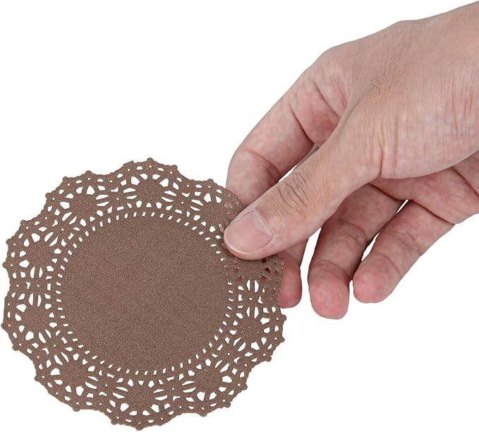 Restaurantware-Pastry Tek 4 x 4 Inch Paper Lace Doilies, 100 Round Disposable Table Doilies - Elegant Lace Finish, Long Lasting, Brown Paper Lace Doilies, for Pastries, Cupcakes, Desserts