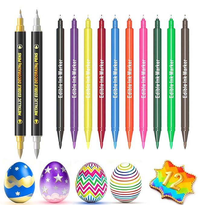 Food Coloring Pens Set of 12, Dual Tips Edible Ink Markers, Food Grade Gourmet Writers with 12 Vibrant Colors, for Cookies, Cakes, Cupcakes, Crafts, Drawing, Painting & Baking Decorating