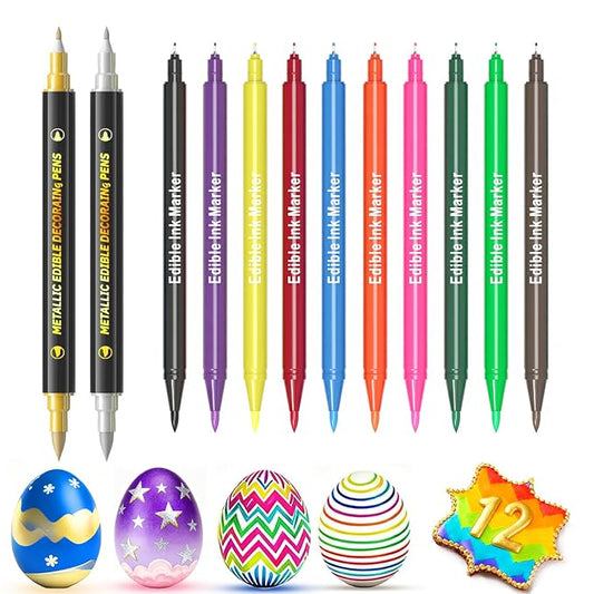 Food Coloring Pens Set of 12, Dual Tips Edible Ink Markers, Food Grade Gourmet Writers with 12 Vibrant Colors, for Cookies, Cakes, Cupcakes, Crafts, Drawing, Painting & Baking Decorating
