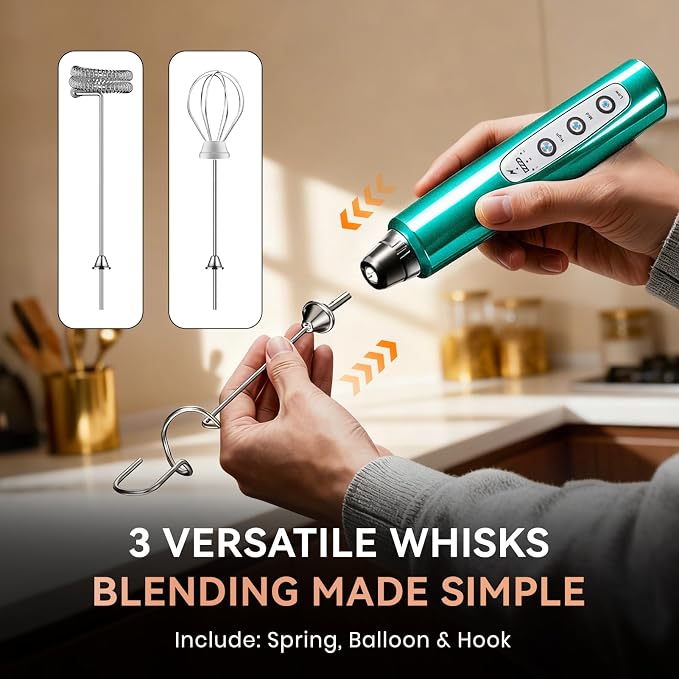 BSRGMS Milk Frother Handheld for Coffee, Electric Whisk 3 Speed Adjustable, Drink Mixer with Stainless 3 Whisks, Rechargeable Hand Frother Wand, Foam Maker for Latte Cappuccino Hot Chocolate Egg Green