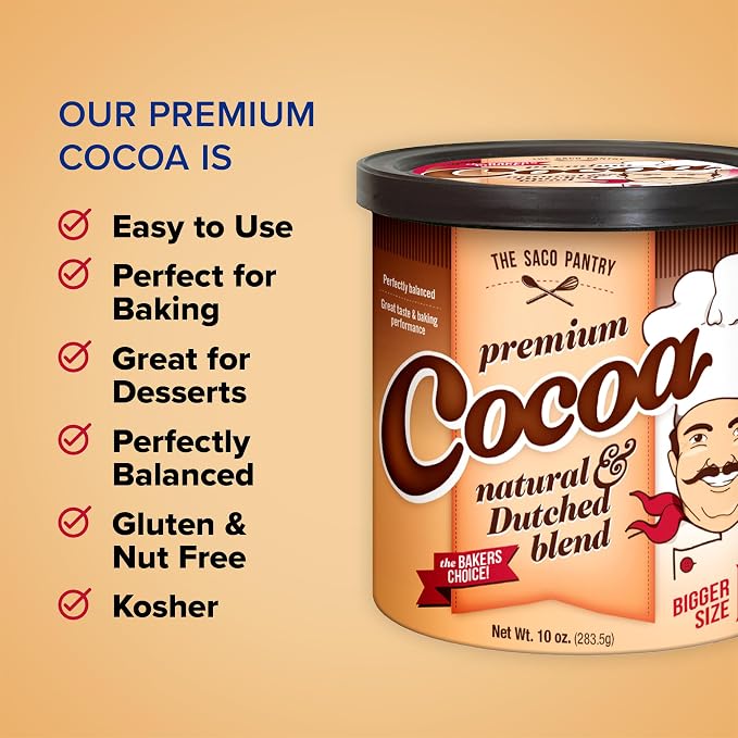 SACO Pantry Premium Cocoa, Natural and Dutched Blend, 10oz (Pack of 2), Certified Kosher, Gluten-Free & Nut-Free