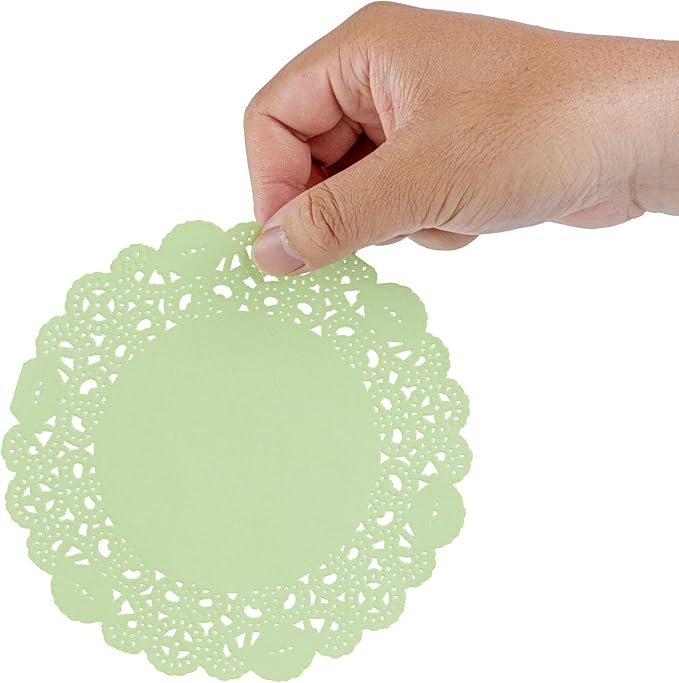 Pastry Tek 6 x 6 Inch Paper Lace Doilies, 100 Disposable Table Doilies - Elegant Lace Finish, Long Lasting, Green Paper Doily, for Pastries, Cupcakes, Desserts - Restaurantware