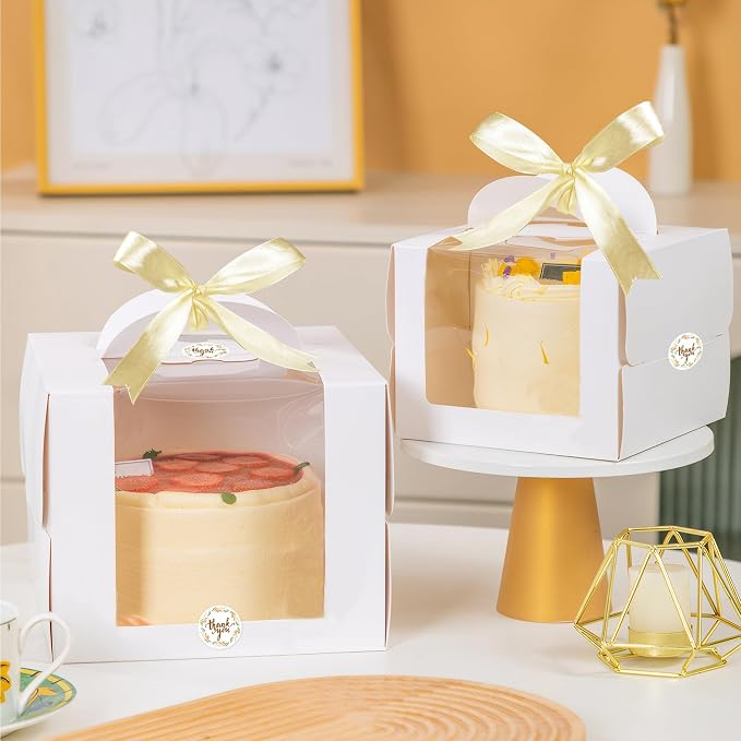 MUMULULU 15 PCS 6 x 6 x 6 Inches Cake Boxes with Carry Handles and Cake Boards White Bakery Boxes with Silk Ribbon and Stickers for Cakes Pastries Birthday Party Wedding