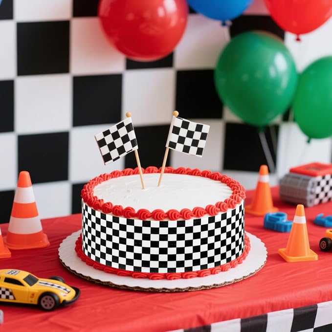 3pcs Edible Cake Borders, 28x6.2cm/11x2.44in Black White Checkered Birthday Cake Decorations Pre-Cut Rice Paper Wrap Strips for Racing Cars Theme Images Birthday Party Dessert Decorations