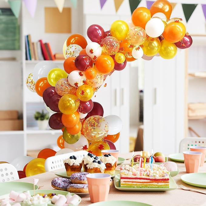Fall Balloon Arch Kit, Orange Gold Burgundy Fall Balloon Garland Kit, Thanksgiving Balloons with 2pcs 2-Meter-Long Maple Leaves, Pearl Gold Orange White Balloons for Autumn Harvest Party Decorations