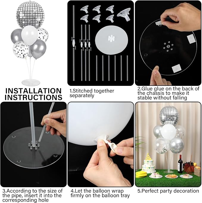 4 Sets Silver Disco Ball Party Balloons Stand Kit with 4 Ball Foil Balloons Disco Themed Balloon 70s 80s 90s Dance Party Balloon Centerpiece for Tables Birthday Prom Graduation Decorations 2026