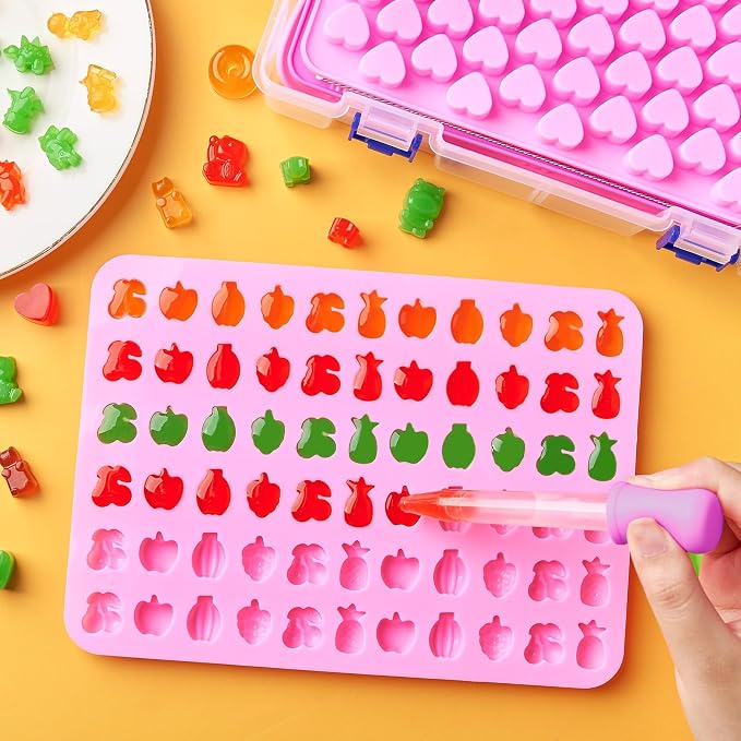 6 Pcs Mini Gummy Candy Molds Set, Silicone Bear Donut Dinosaur Fruit Snack Molds with 4 Droppers, Storage Box and Brush for Small Jello Candy Chocolate Gummy