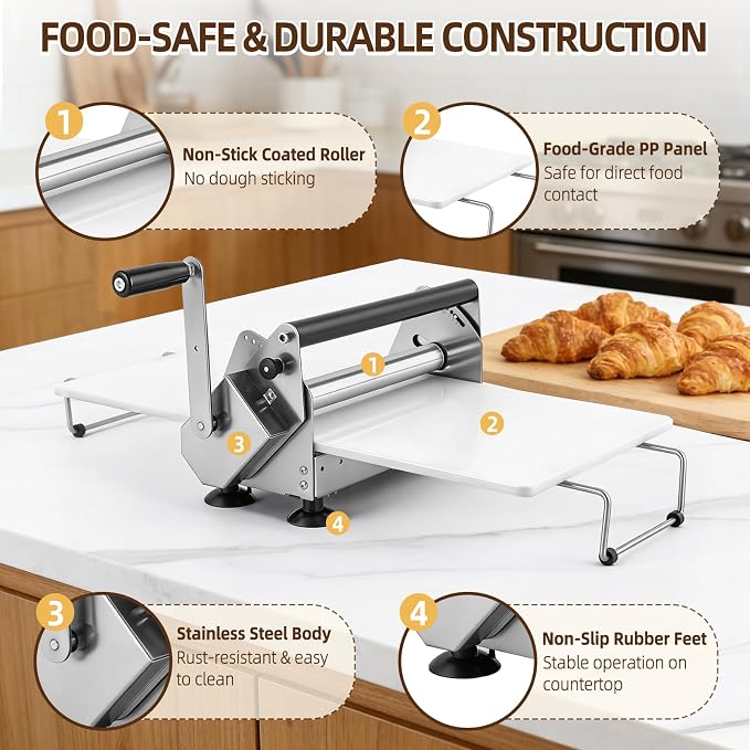 Folding Dough Sheeter Machine for Home 12" Manual Dough Sheeter Folding Dough Rolling Machine Compact Design with 0-20MM Thickness Adjustable, Stainless Steel