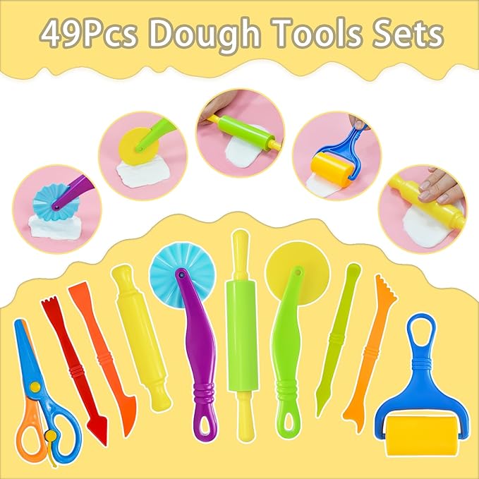 LCY WEDSHI Dough Tool Set, 49 Pcs Dough Tools Sets for Kids Ages 4-8, Dough Accessories Includes Animal Molds, Cutters Roller, Rolling Pins, Safety Scissors, Plastic Knife