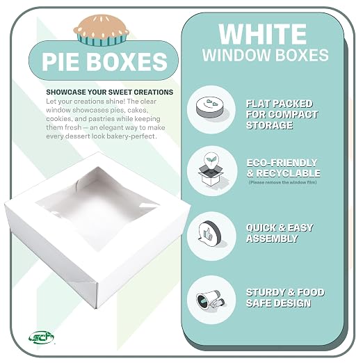 SCT White Window Bakery Box (200 Pack) 9x9x2.5, Auto Pop-up Bakery Carrier for Pies, Donuts, Pastries, White with Clear Lid, 24133