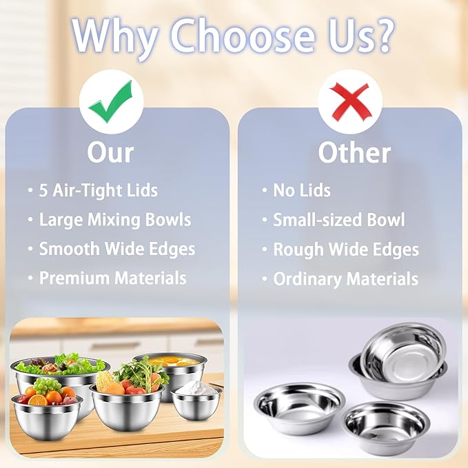 Mixing Bowls with Airtight Lids Set, 5 PCS Stainless Steel Black Nesting Bowls for Kitchen, Large Prep Metal Mixing Bowls for Kitchen, 5.5/4/3.5/2/1.5 QT for Mixing & Serving