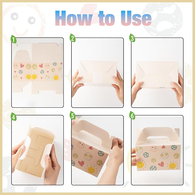 10 PCS White Gable Favor Treat Boxes, 6.5 x 4 x 4 Inches Gift Box with Handle, Cute Goodie Boxes for Sweets, Candy, Cookie, Kids Birthday Party, Baby Shower, Wedding, Back to School, Smile Face