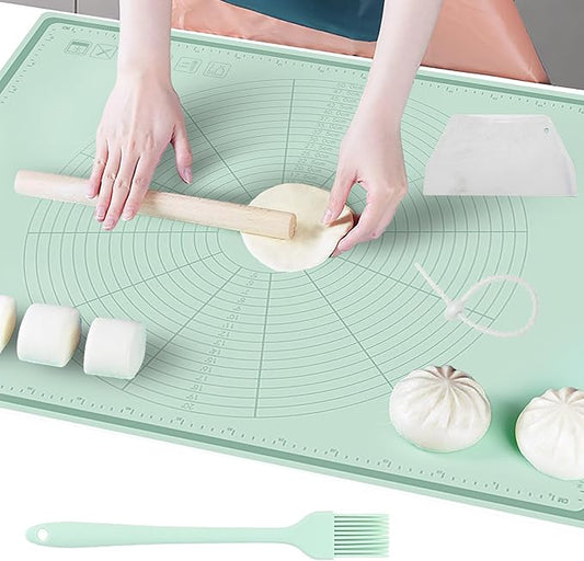 Silicone Baking Mat 32" x 24", Extra Thick Non-stick Pastry Mat with Measurements and Edge Heightening, Food Grade Silicone for Countertop Dough Rolling (With Dough Scraper/Pastry Brush/Cable Tie)