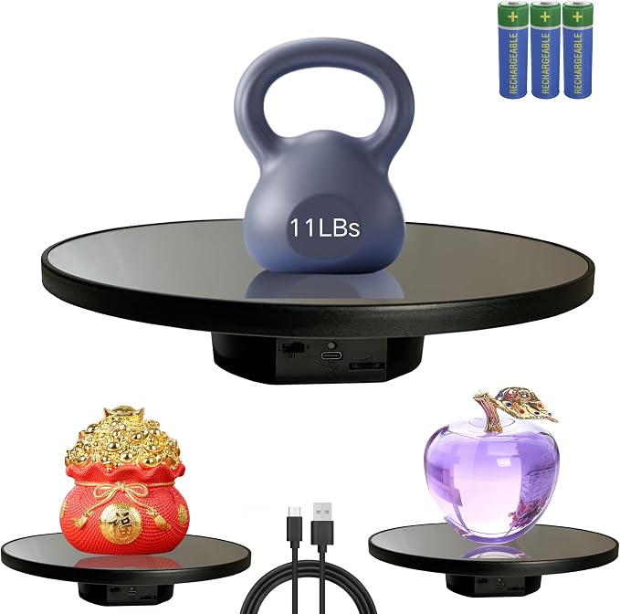 JAYEGT Motorized Rotating Display Stand, 10inch /11Lbs Load ,Mirror Cover ，360 Degree Electric Rotating Turntable ,Cup Display Turner Stand,Photography Products, Jewelry ,Tumbler -Black