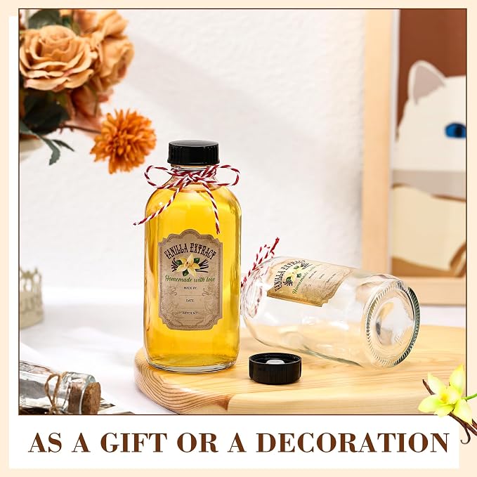 Uiifan 8 Pcs 8 oz Vanilla Extract Bottles Boston Round Bottles with Caps Glass Bottle and 8 Pcs Vanilla Extract Labels Stickers for Syrup Gift Glass Food Storage Canister Set Sauce Beans