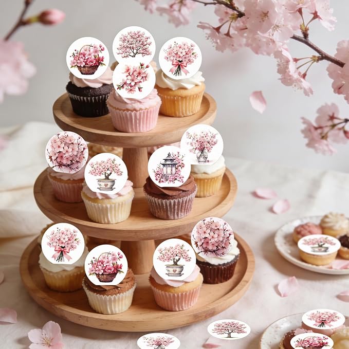 36PCS Edible Cherry Blossoms Cupcake Toppers Japan Edible Cherry Flowers Bouquet Cake Picks Wafer Paper Cherry Cupcake Decors for Cherry Theme Party Cake Supplies (Pink Cherry Blossoms)