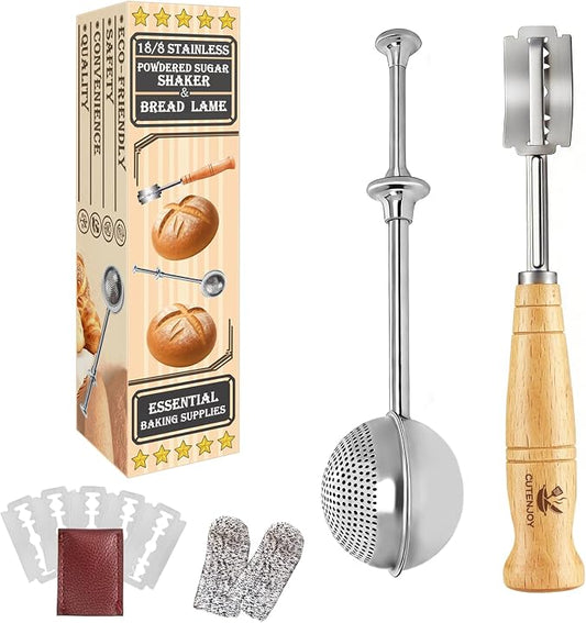 Bread Lame and Flour Duster, 304 Stainless Steel Bread Baking Supplies with Razor Blades & Leather Cover, Professional Bread Scoring Knife, Flour Duster for Baking