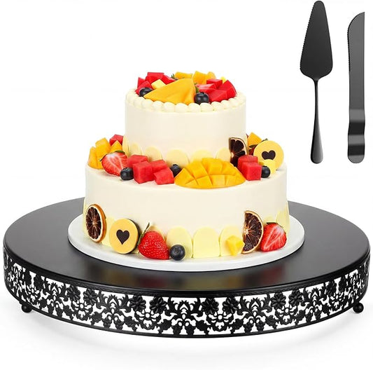 Wenqik 18 Inch Black Cake Stand Set Metal Round Cupcake Dessert Stand with Cake Cutting, Flower Spatula Wedding Cupcake Pastry Display Candy Holder Display for Wedding Party Birthday Baby Shower