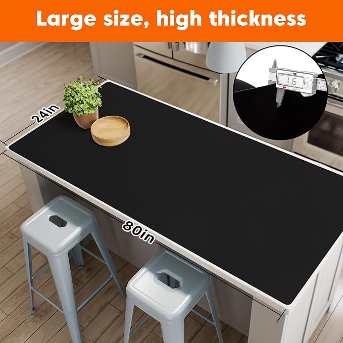 Large Silicone Mats for Kitchen Counter, 24"x80" Cuttable Silicone Roll for Heat Resistant Mats for Countertop, Kitchen Island Mat, Dining Table mat, Skin-Friendly Material, Black