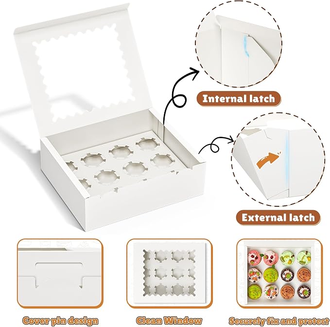 RYDDOY 12 Pack Cupcake Boxes, Hold 12 Standard Cupcakes, Cupcake Containers with Window and Inserts, High Grade Cupcake Holder, for Birthday Holiday Party, Supplies for Cupcakes, Desserts and More