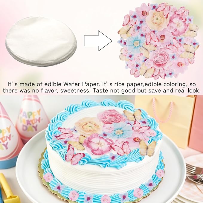 Morofme 52pcs Edible Flower Cake Topper Wafer Paper Flowers Hawaiian Flower Cupcake Decor Spring Aloha Cupcake Decorations Tropical Themed Mixed Size for Baby Shower Birthday Summer Party Supplies