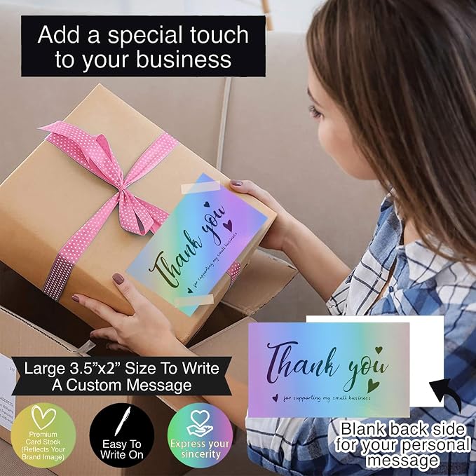 620pcs Thank You Business Cards & Stickers Set - Gold Foil, 100 Cards, 500 Stickers, 20 Resealable Bags (Holographic)