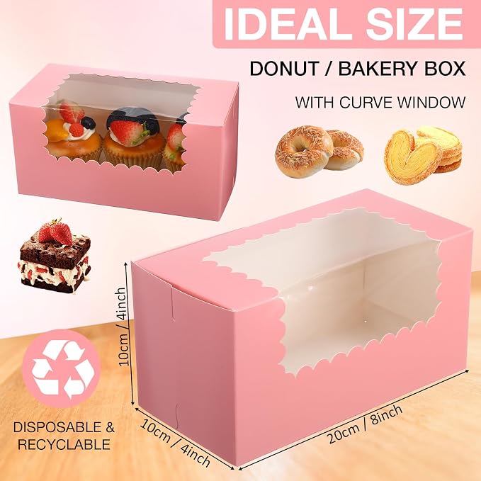 Ireer 60 pcs 8x4x4 Inch Bakery Boxes with Window Cookies Boxes Pumpkin Roll Container Donut Box Pastry Cake Packaging Safe for Cookies Loaf Muffins Breads Dessert Candies Treat(Pink)