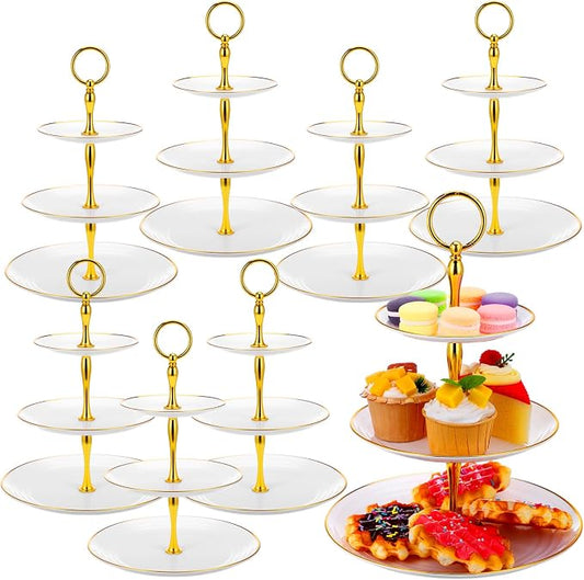Teenyyou 8 Pack 3 Tier Cupcake Stand Bulk Tiered Dessert Stand Thick Plastic Serving Tray with Gold Edges Dessert Table Display Set Tea Cake Holder for Wedding Birthday Party(White,Round)