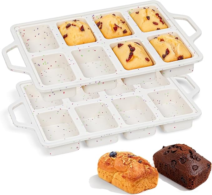 FUNBAKY Mini Loaf Pans with Metal Frame - Silicone Bread Loaf Pan 8-Cavity BPA Free Nonstick for Baking Banana Bread, Cakes, Brownies, Meatloaf 2 Pack