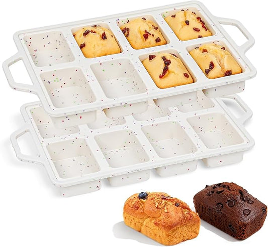 FUNBAKY Mini Loaf Pans with Metal Frame - Silicone Bread Loaf Pan 8-Cavity BPA Free Nonstick for Baking Banana Bread, Cakes, Brownies, Meatloaf 2 Pack