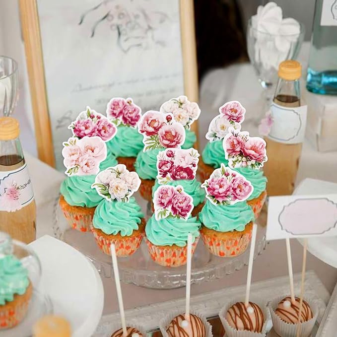 40Pcs Edible Peony Cupcake Toppers Peonies Flower Blossoms Cupcake Picks for Floral Mother's Day Bridal Shower Engagement Floral Wedding Girls Birthday Cupcake Decorations