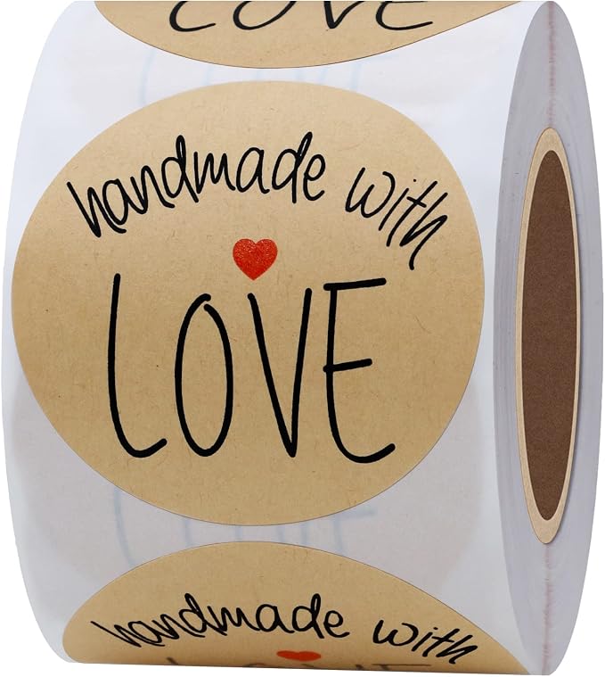 Hybsk Kraft Handmade with Love Stickers with Black Font Total 2" Round 300 Adhesive Labels Per Roll