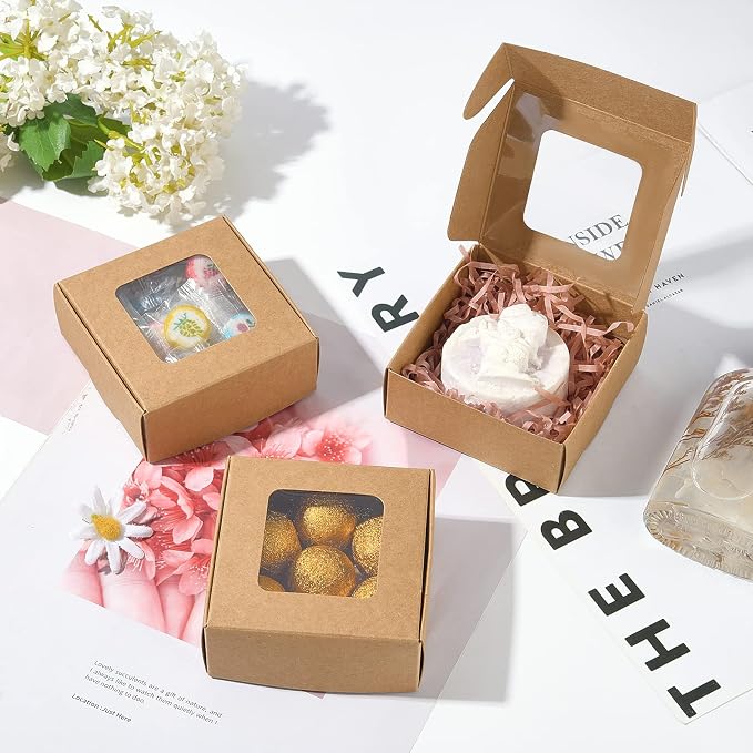 BENECREAT 28 Packs Kraft Paper Box with Clear Windows, 3.4x3.4x1.4Inches Paper Gift Box for Party Favor Treats Bakery, Festival Gift Packaging