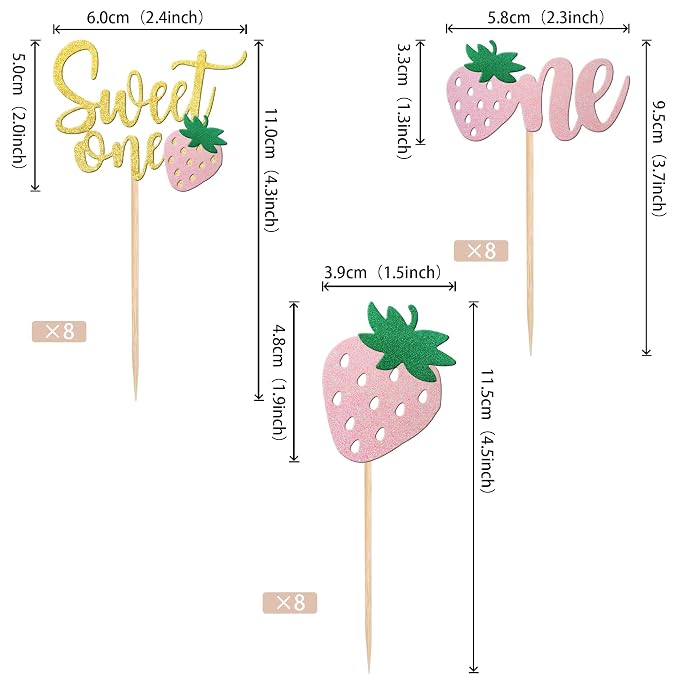 24 PCS Strawberry 1st Birthday Cupcake Toppers Glitter Sweet One Strawberry Cupcake Picks for Fruit Theme Baby Shower Kids 1st Anniversary Party Cake Decorations Supplies Pink