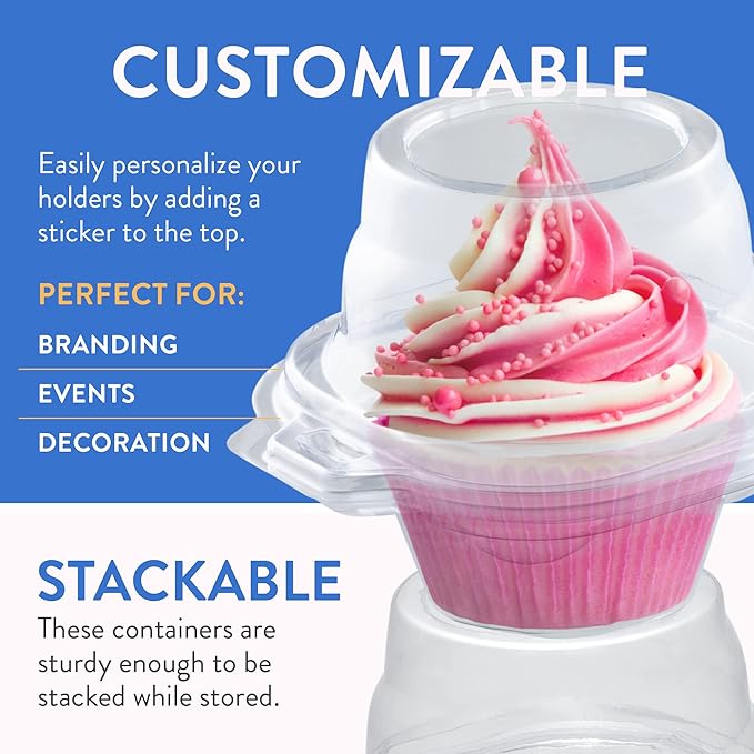 Individual Cupcake Containers (50 Pack) | Clear Plastic Disposable Cupcake Boxes/Holders | Single Cupcake Holder with Dome Lid Bulk | BPA-Free Plastic Cupcake Muffin Container Carrier Boxes to Go