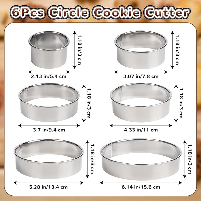 6Pcs Round Cookie Cutters Set (2, 3, 3.5, 4, 5, 6 Inch), Stainless Steel Biscuit Molds in Graduated Sizes, 1.2" Deep Circle Ring Cutters for Baking, Pastry, Donuts, Scones, Fondant, Sandwiches, Cake