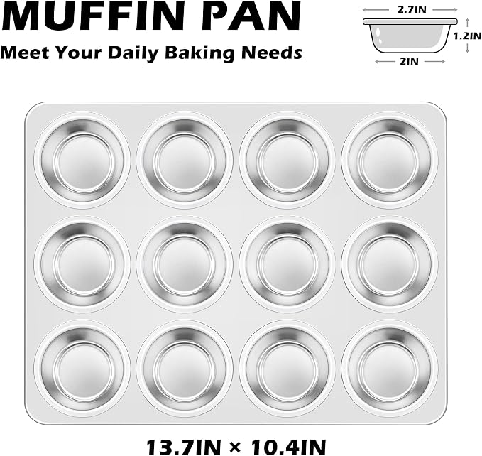 Leonyo Non-Toxic Stainless Steel Muffin Cupcake Pan 12 Cup, 2 Pack | Standard Size Metal Muffin Tin Tray for Baking Cupcake Quiches, Dishwasher Oven Safe