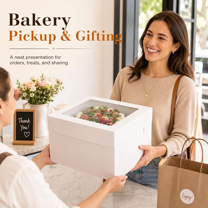 NPLUX Cake Boxes 12 Inch, 15 Pack 12x12x8 Cake Box with Window, White Cake Boxes with Separate Lid for Cakes, Pastries, Cookies, Bakery Orders and Gifting, Graduation Gifts Party Favors