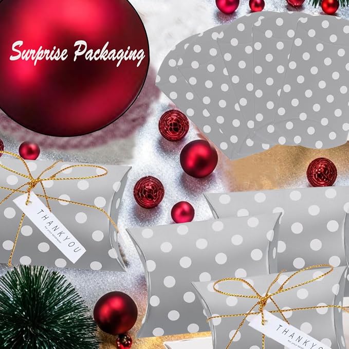 50 Pcs Kraft Paper Pillow Gift Boxes,3.5x2.6 Inch Mini Folding Treat Boxes, Creative Favor Box Folding Treat Boxes for Bakery, Candy, Jewelry, Wedding & Party Favors(Silver dots)
