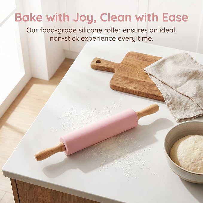 Silicone Rolling Pin for Baking,15inch Pastry Dough Roller with Wooden Handle Non Stick Surface Rolling Pin for Dough Fondant Cookie Pastry Tapered Dumpling Baking Supplies (pink)