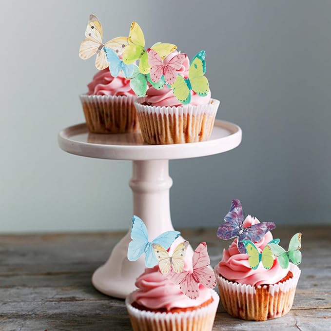 40 PCS Wafer Paper Butterfly Cupcake Toppers Edible Butterflies for Cake Decorations Colorful Edible Butterfly Cake Toppers for Wedding Birthday Party Cupcake Decorating Supplies