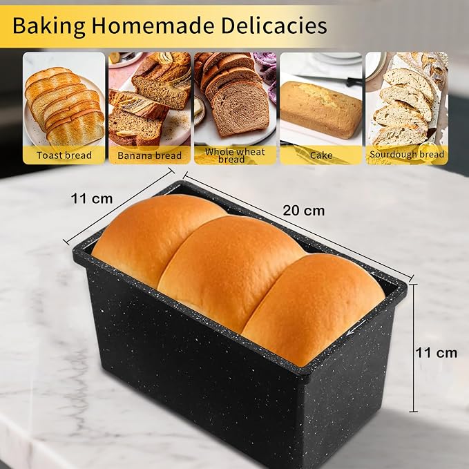 Cast Aluminum Pullman Loaf Pan with Lid, 8x4 Inch Nonstick Professional Bread Pan for Sourdough & Sandwich, Heavy Duty Warp-Proof, Superior Even Heat Distribution, Speckled Black