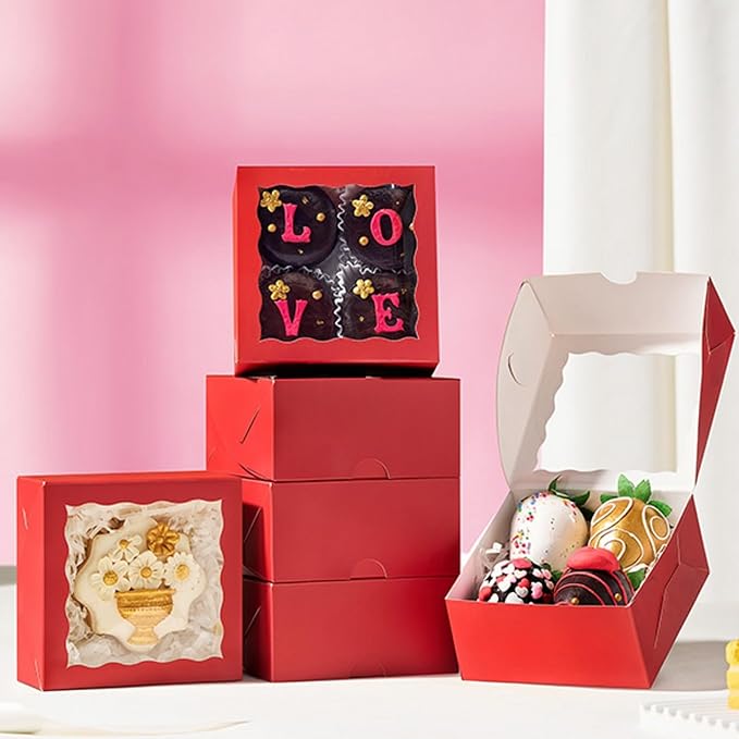 100PCS 4x4x2 inches Classic Red Bakery Boxes with Window - Macaron Cookie Chocolate Truffle Strawberry & Mini Cake Gift Boxes for Parties Valentine's Birthdays Wedding Christmas Favors
