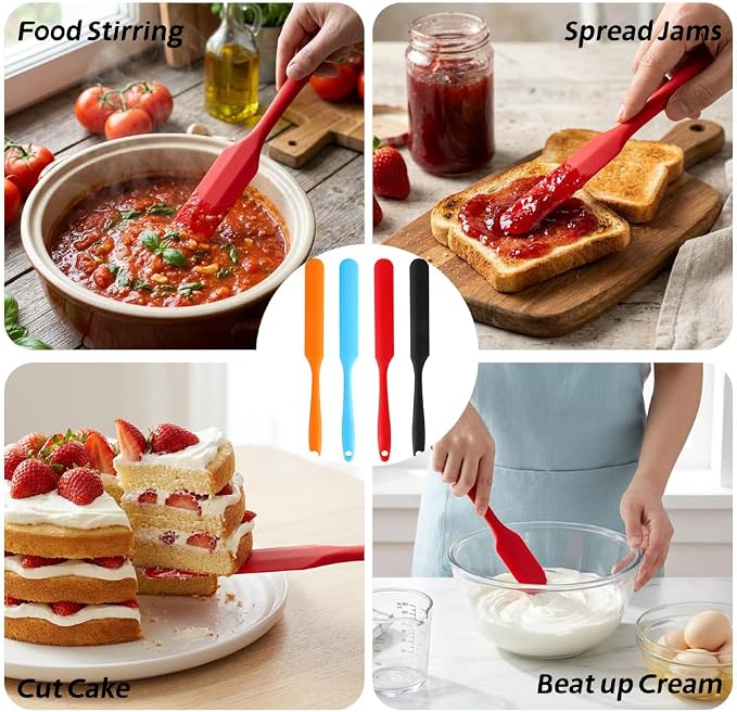 4 Pcs Silicone Jar Spatula, Long Handle Skinny Spatula Scraper for Jars & Bottles, Heat Resistant Small Spatulas Set for Kitchen Baking Sourdough Cake Makeup Essentials, Red+Black+Orange+Blue
