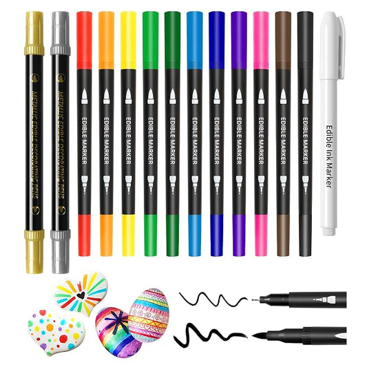 Edible Markers – 14Pcs Gold & Silver Metallic Food Coloring Pens, Double Sided Edible Pens with Fine & Thick Tips for Cookie Decorating, Fondant, Desserts & Easter Eggs