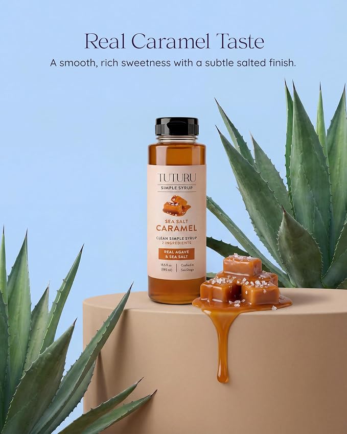 Caramel Agave Simple Syrup for Coffee & Cocktails - Sweetened with Organic Agave Nectar - Infused with Real Sea Salt - 13.5 oz