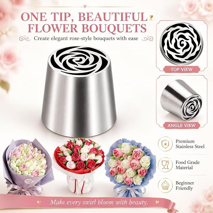 4pcs Russian Piping Tips Set Extra Large Stainless Steel Flower Icing Tips for Cake Decorating Buttercream Cupcake Cookie Decorating Supplies for Beginners Bakers