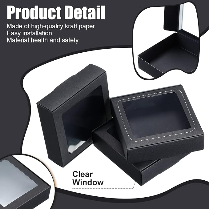 Zonon 60 Pcs Kraft Paper Boxes with Window 4.13 x 4.13 x 1.18 Inch Candy Packaging, Small Gift Boxes, Soap holder, Mini Treat Packaging for Bakery Chocolate Jewelry Display (Black)