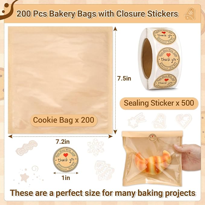 Subalga 200 Pack Cookie Paper Bags with Window 7.1x7.5 Donut Bags with 500 Pcs Thank You Stickers Heat Sealable Cookie Bags Grease Resistant Paper to Go Bake Sleeves for Gift Giving Donut Bread(Brown)
