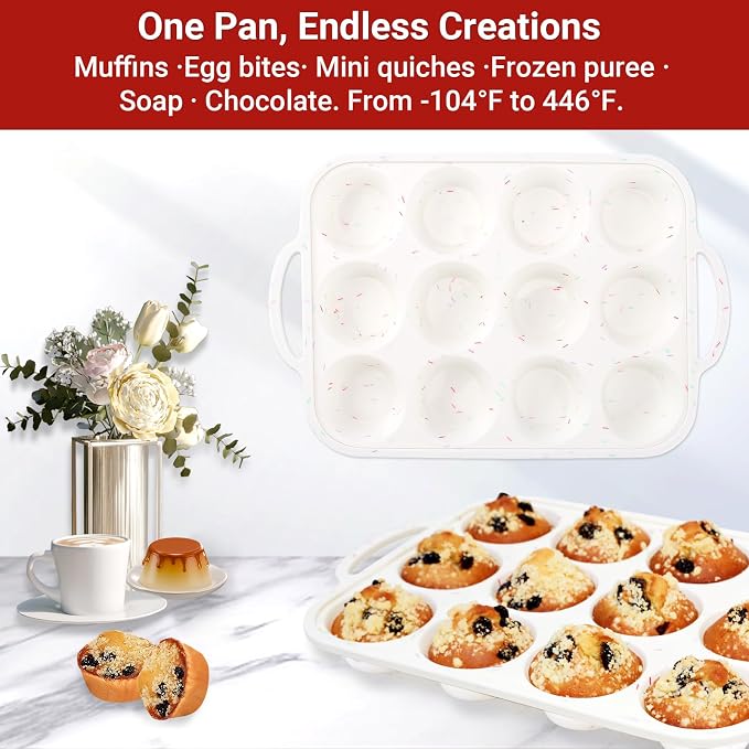 Silicone Muffin Pans for Baking 12 Cup with Metal Reinforced Frame, Nonstick 2Pack Regular Size Homemade Cupcake Pan, BPA Free Food Grade, Easy Release, Dishwasher Oven Freezer Safe for Egg Bite Molds